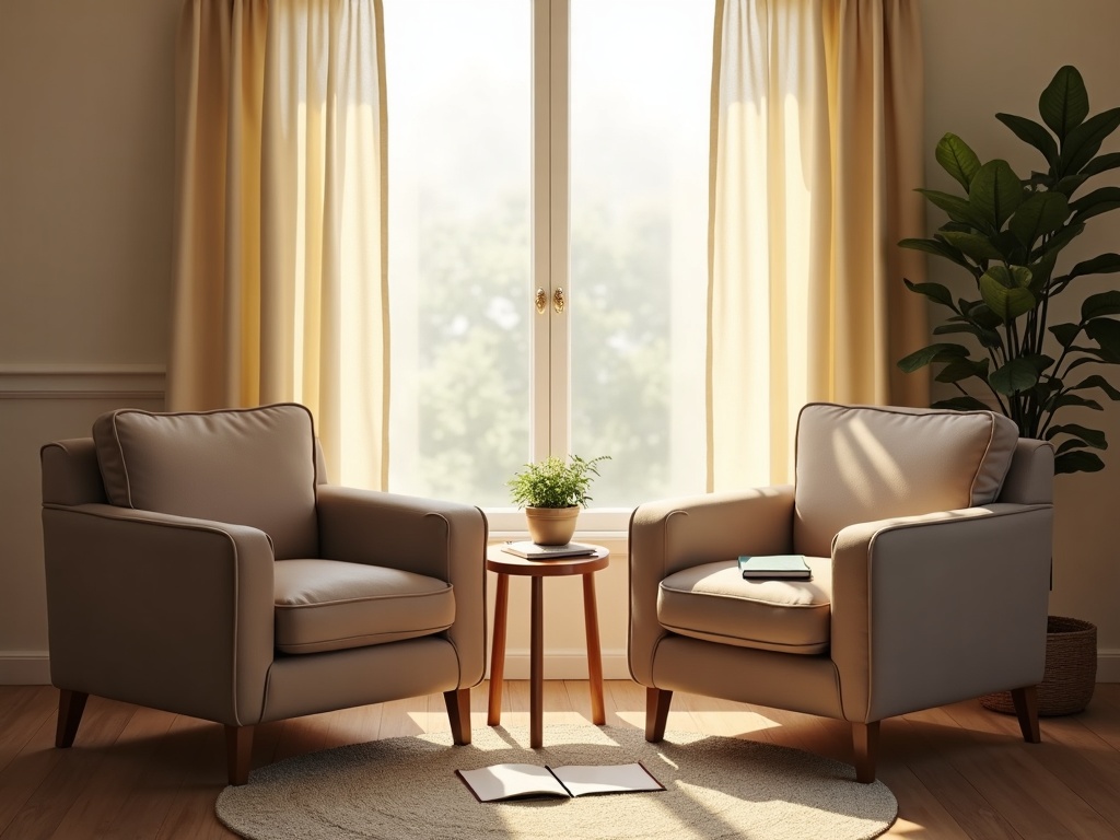 A warm, softly lit hypnotherapy consultation room that illustrates the difference between hypnotherapy and hypnosis through its calm, intentional setting