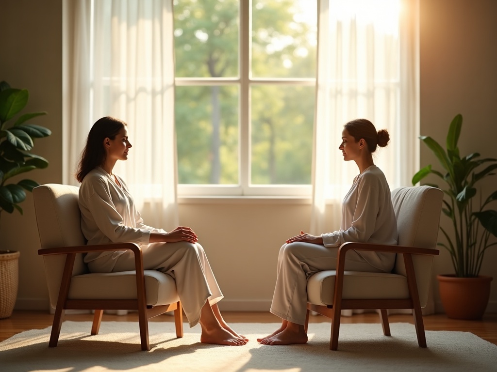 A certified hypnotherapist at guiding a client through a will hypnotherapy make me feel out of control concern in a calm, warmly lit therapy room.